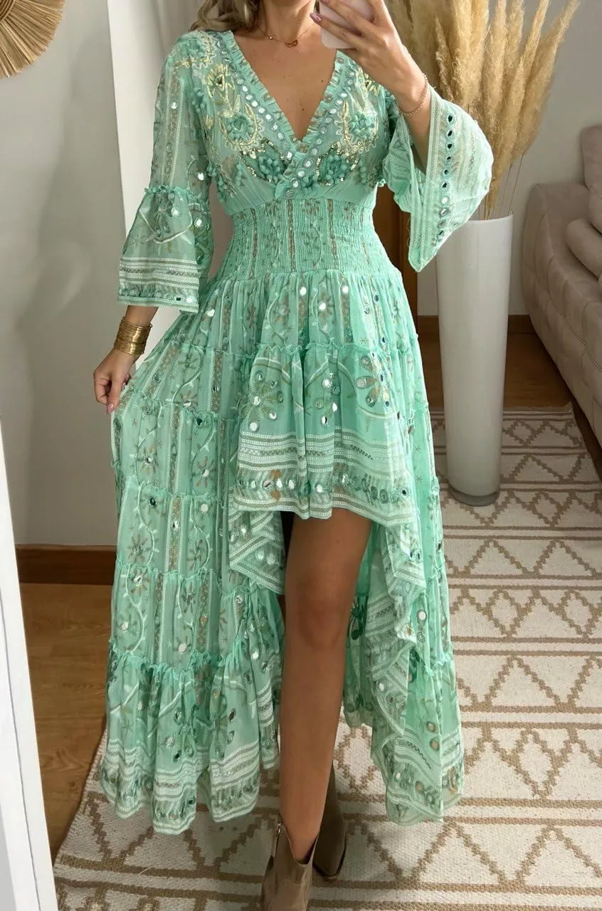 Boho Floral Lace Maxi Dress, V-Neck, Long Sleeve, High-Low Hem, Boho Wedding Dress, Bohemian Dress, Vintage Dress.