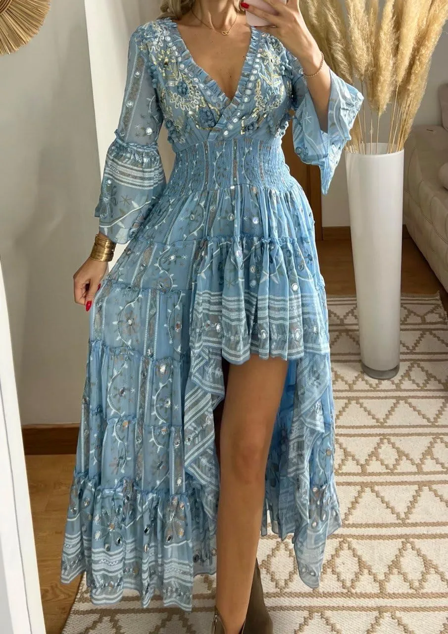 Boho Floral Lace Maxi Dress, V-Neck, Long Sleeve, High-Low Hem, Boho Wedding Dress, Bohemian Dress, Vintage Dress.