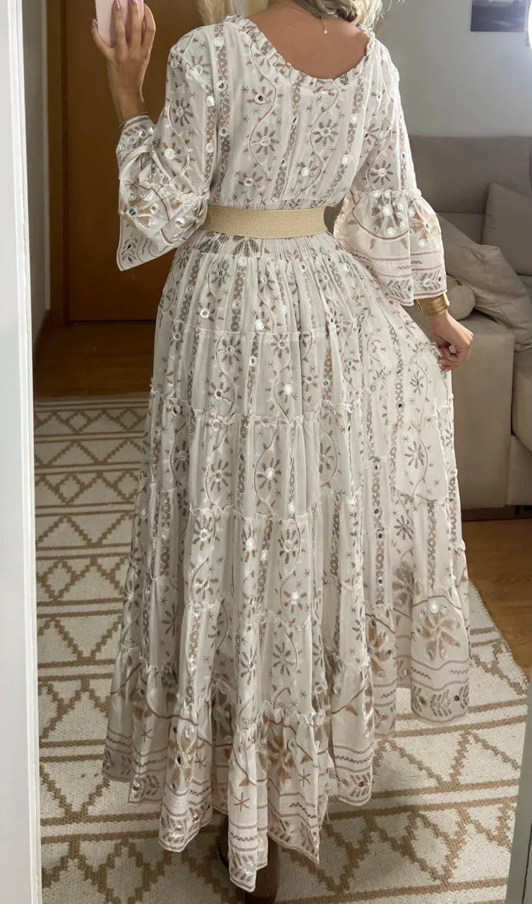 Boho Floral Lace Maxi Dress, V-Neck, Long Sleeve, High-Low Hem, Boho Wedding Dress, Bohemian Dress, Vintage Dress.