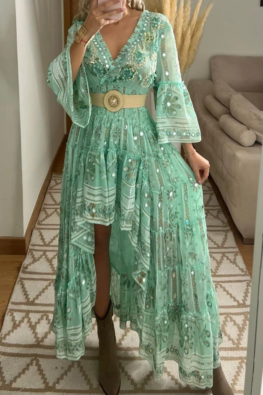 Boho Floral Lace Maxi Dress, V-Neck, Long Sleeve, High-Low Hem, Boho Wedding Dress, Bohemian Dress, Vintage Dress.