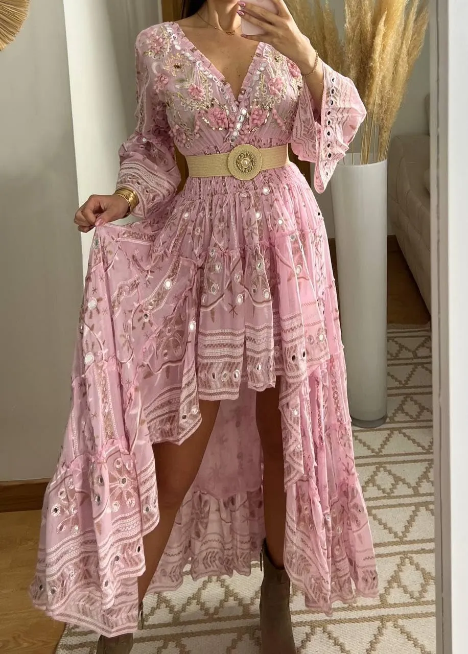 Boho Floral Lace Maxi Dress, V-Neck, Long Sleeve, High-Low Hem, Boho Wedding Dress, Bohemian Dress, Vintage Dress.