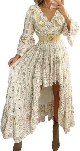 Boho Floral Lace Maxi Dress, V-Neck, Long Sleeve, High-Low Hem, Boho Wedding Dress, Bohemian Dress, Vintage Dress.