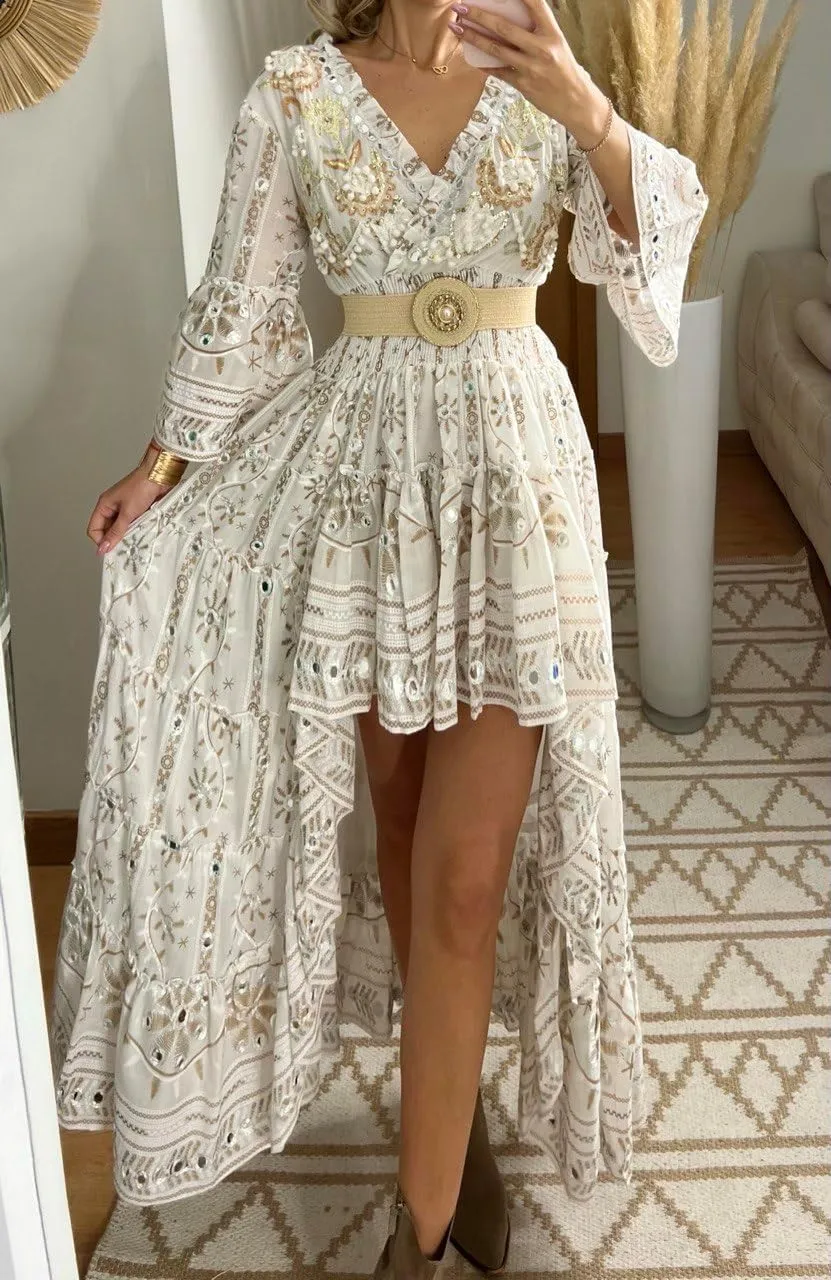 Boho Floral Lace Maxi Dress, V-Neck, Long Sleeve, High-Low Hem, Boho Wedding Dress, Bohemian Dress, Vintage Dress.