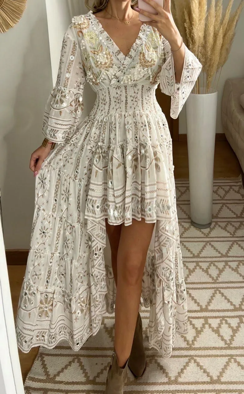 Boho Floral Lace Maxi Dress, V-Neck, Long Sleeve, High-Low Hem, Boho Wedding Dress, Bohemian Dress, Vintage Dress.