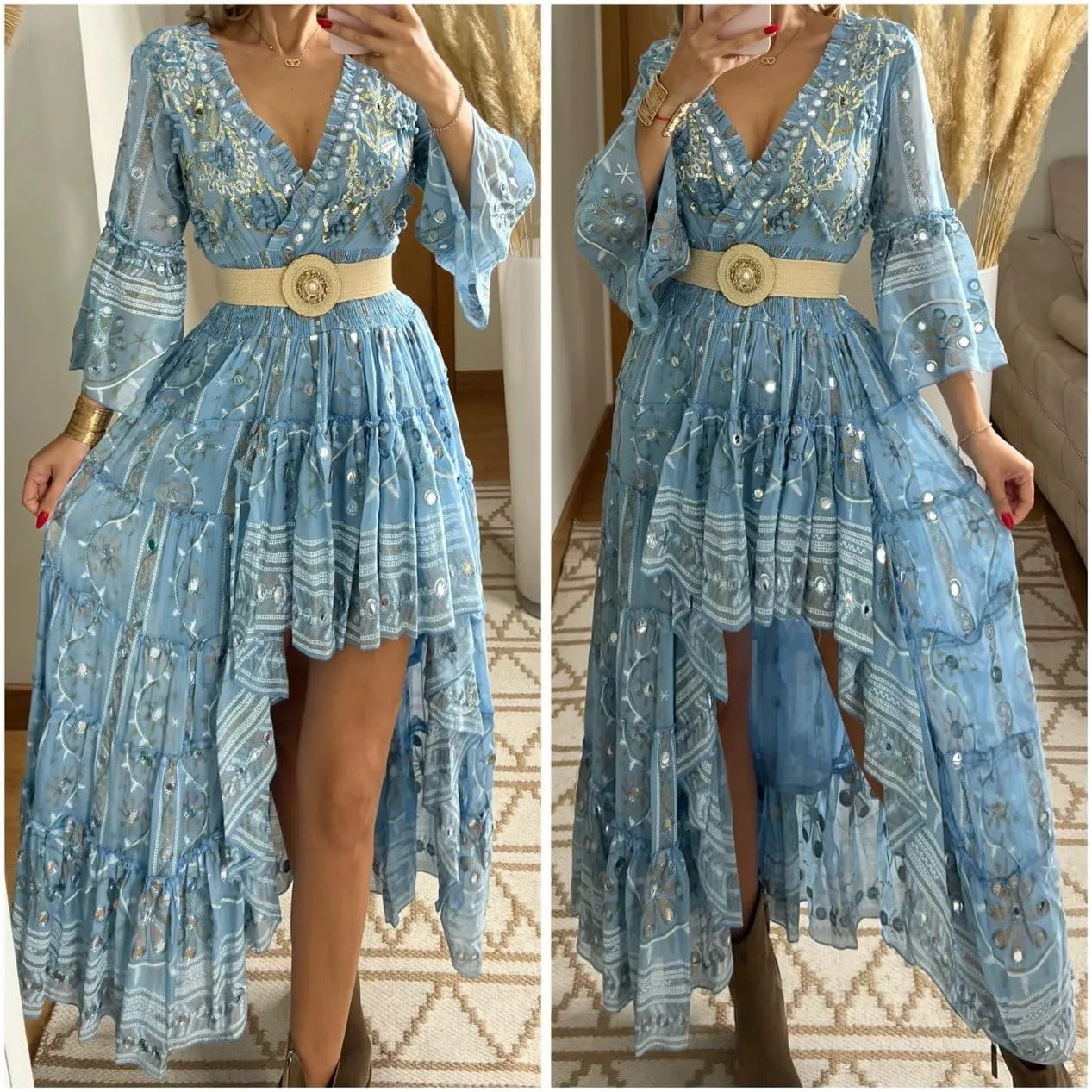 Boho Floral Lace Maxi Dress, V-Neck, Long Sleeve, High-Low Hem, Boho Wedding Dress, Bohemian Dress, Vintage Dress.