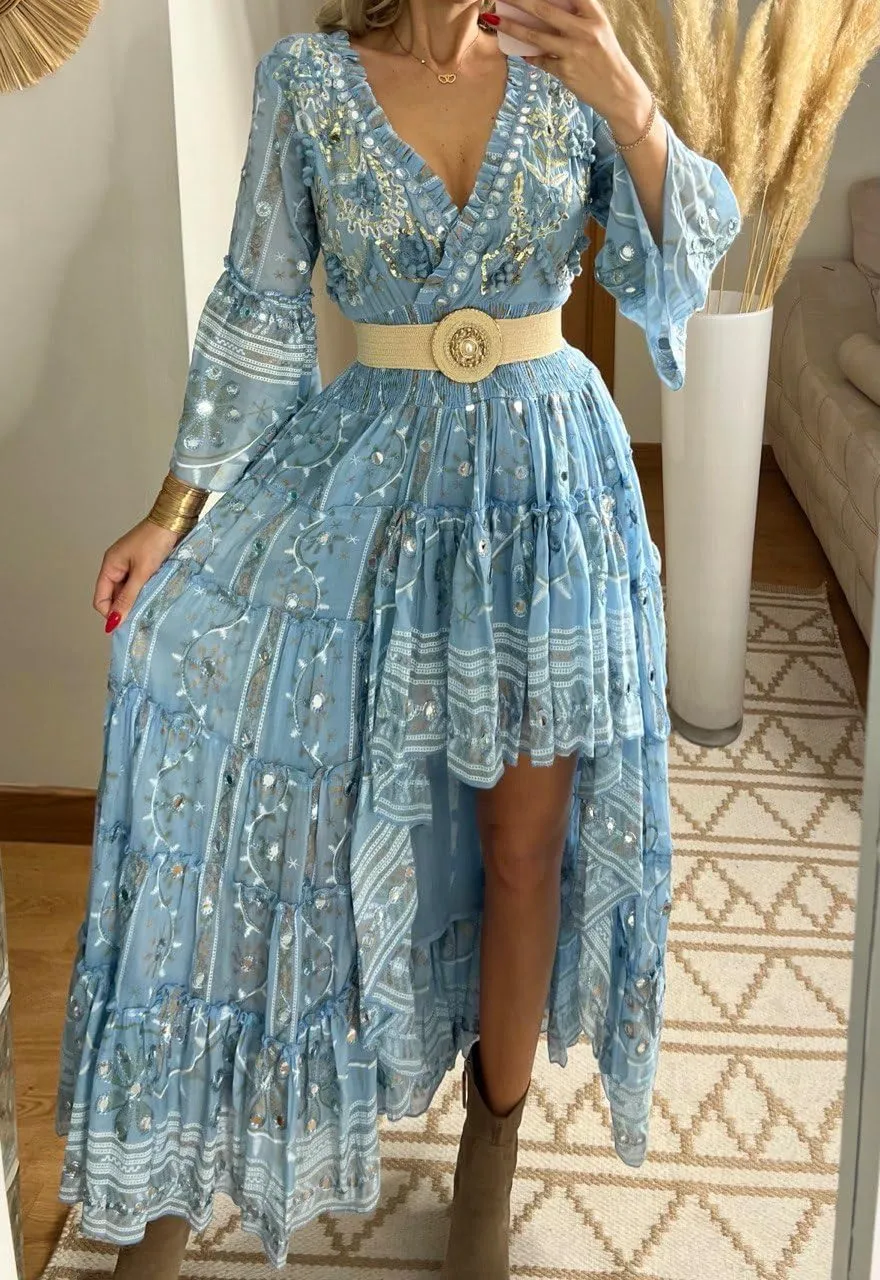 Boho Floral Lace Maxi Dress, V-Neck, Long Sleeve, High-Low Hem, Boho Wedding Dress, Bohemian Dress, Vintage Dress.
