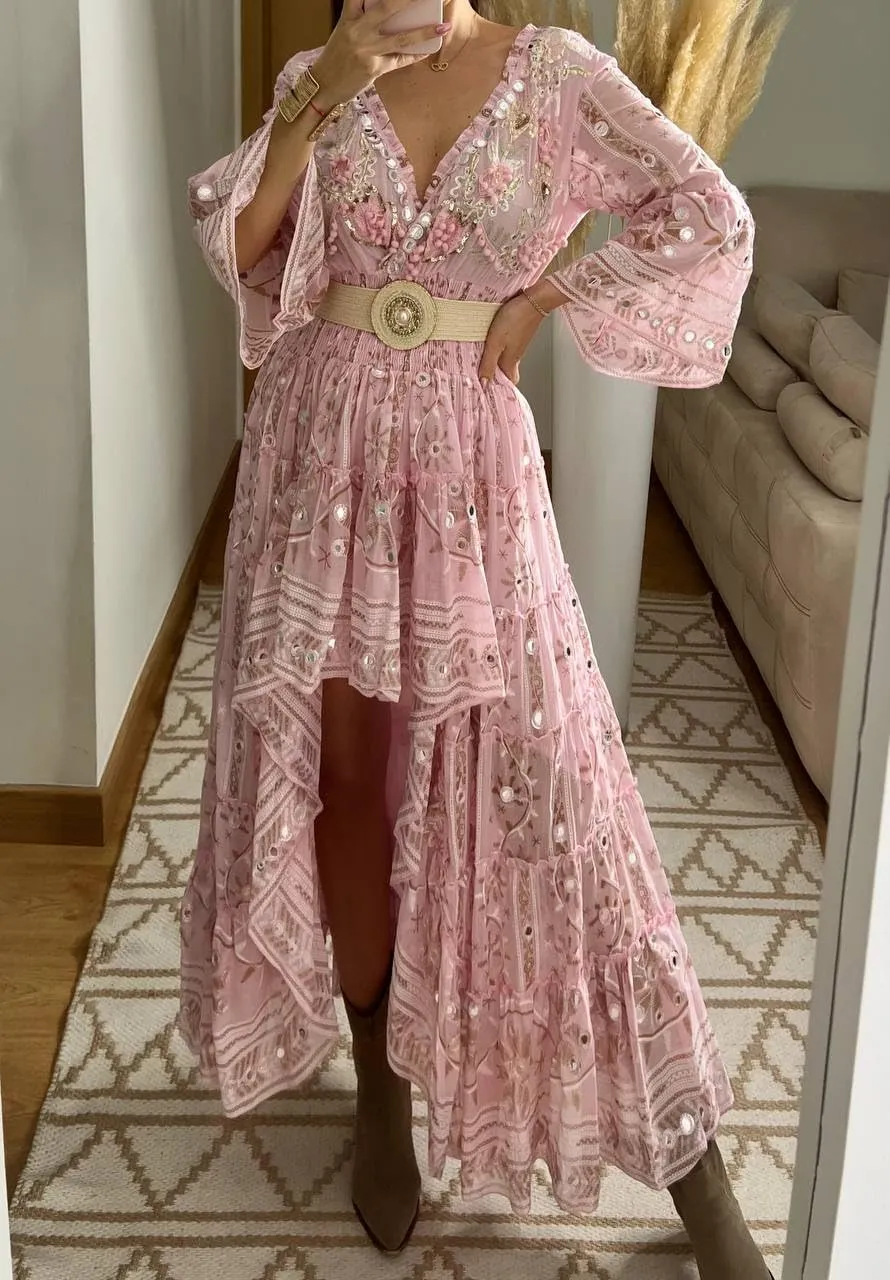 Boho Floral Lace Maxi Dress, V-Neck, Long Sleeve, High-Low Hem, Boho Wedding Dress, Bohemian Dress, Vintage Dress.