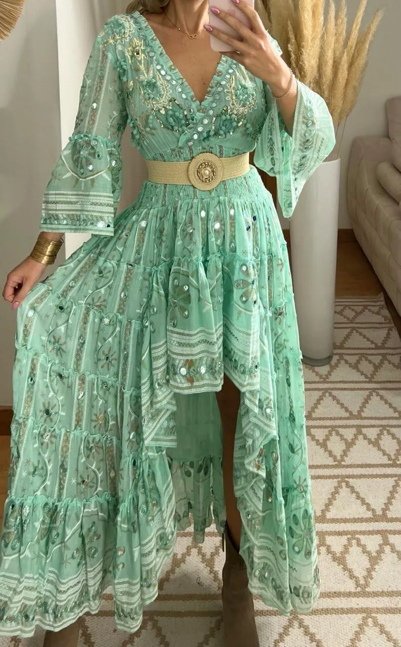 Boho Floral Lace Maxi Dress, V-Neck, Long Sleeve, High-Low Hem, Boho Wedding Dress, Bohemian Dress, Vintage Dress.