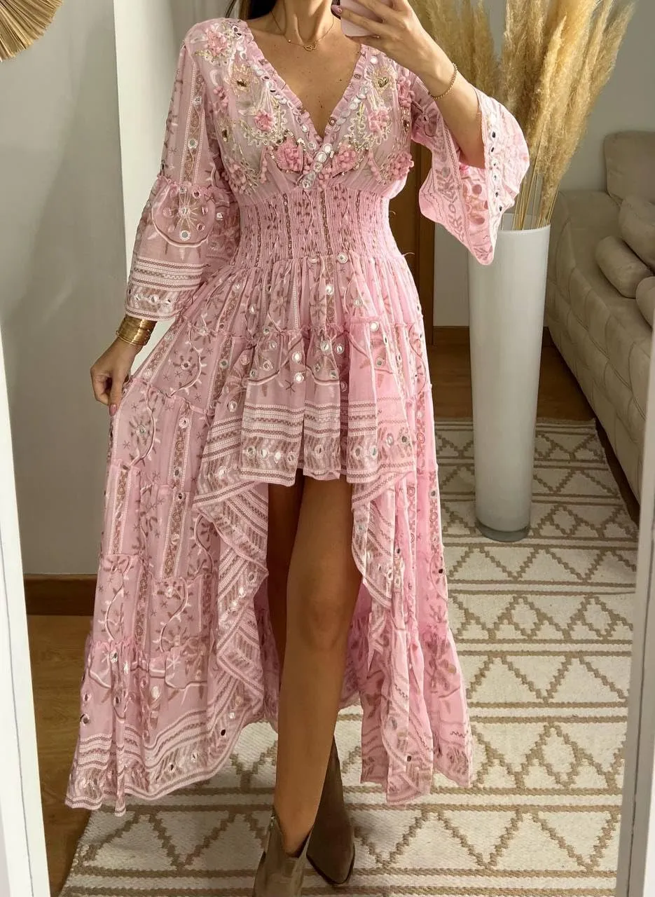 Boho Floral Lace Maxi Dress, V-Neck, Long Sleeve, High-Low Hem, Boho Wedding Dress, Bohemian Dress, Vintage Dress.