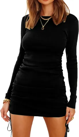 BTFBM Women Ruched Bodycon Drawstring Fall Dress Plain Solid Crew Neck Long Sleeve Casual Stretch Knit Tight Short Dresses