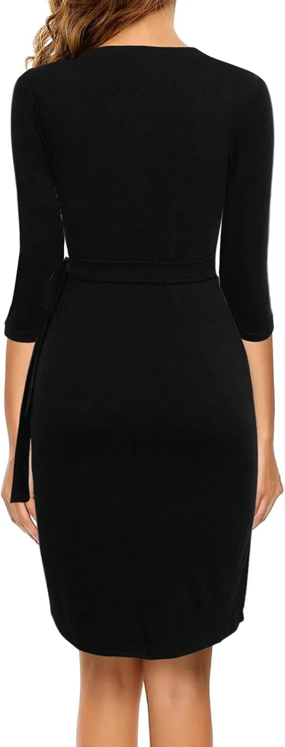 EeYu Women's Wrap Dress 2024 Trendy 3/4 Sleeves V-Neck Knee Length Casual Bodycon Ruched Dresses