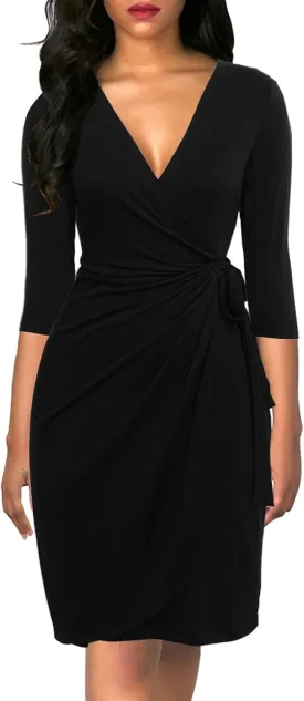 EeYu Women's Wrap Dress 2024 Trendy 3/4 Sleeves V-Neck Knee Length Casual Bodycon Ruched Dresses