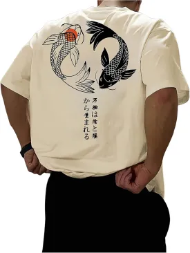 GORGLITTER Men's Japanese Letter Graphic Tee Top Oversized Short Sleeve Casual Aesthetic Print T-Shirt