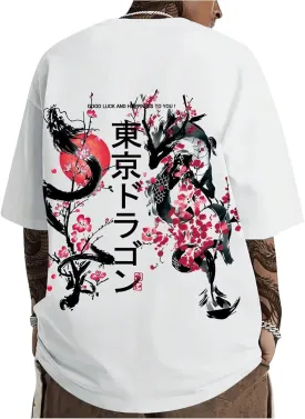 GORGLITTER Men's Japanese Letter Graphic Tee Top Oversized Short Sleeve Casual Aesthetic Print T-Shirt