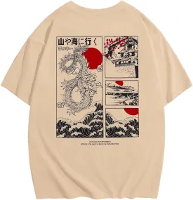 GORGLITTER Men's Japanese Letter Graphic Tee Top Oversized Short Sleeve Casual Aesthetic Print T-Shirt