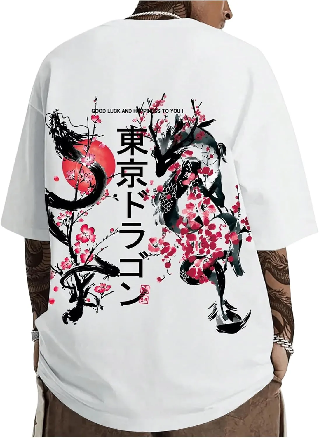 GORGLITTER Men's Japanese Letter Graphic Tee Top Oversized Short Sleeve Casual Aesthetic Print T-Shirt