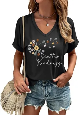 Graphic V Neck Shirt for Women Boho Floral Wildflowers Tee Casual Cottagecore Summer T-Shirt Blouse