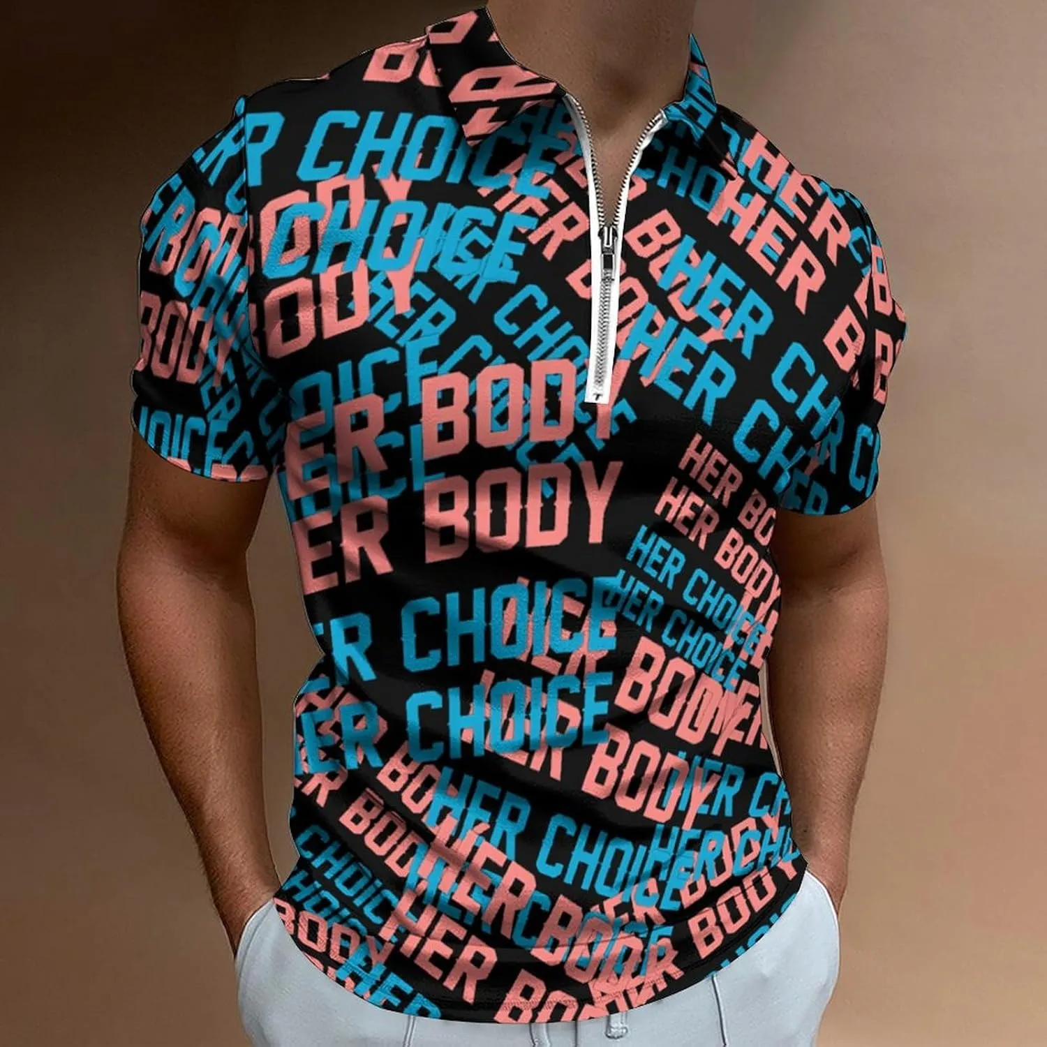 Her Body Her Choice Trendy Polo Shirts for Men Short Sleeve Lapel Collar Zipper T-Shirts Outdoor Sports