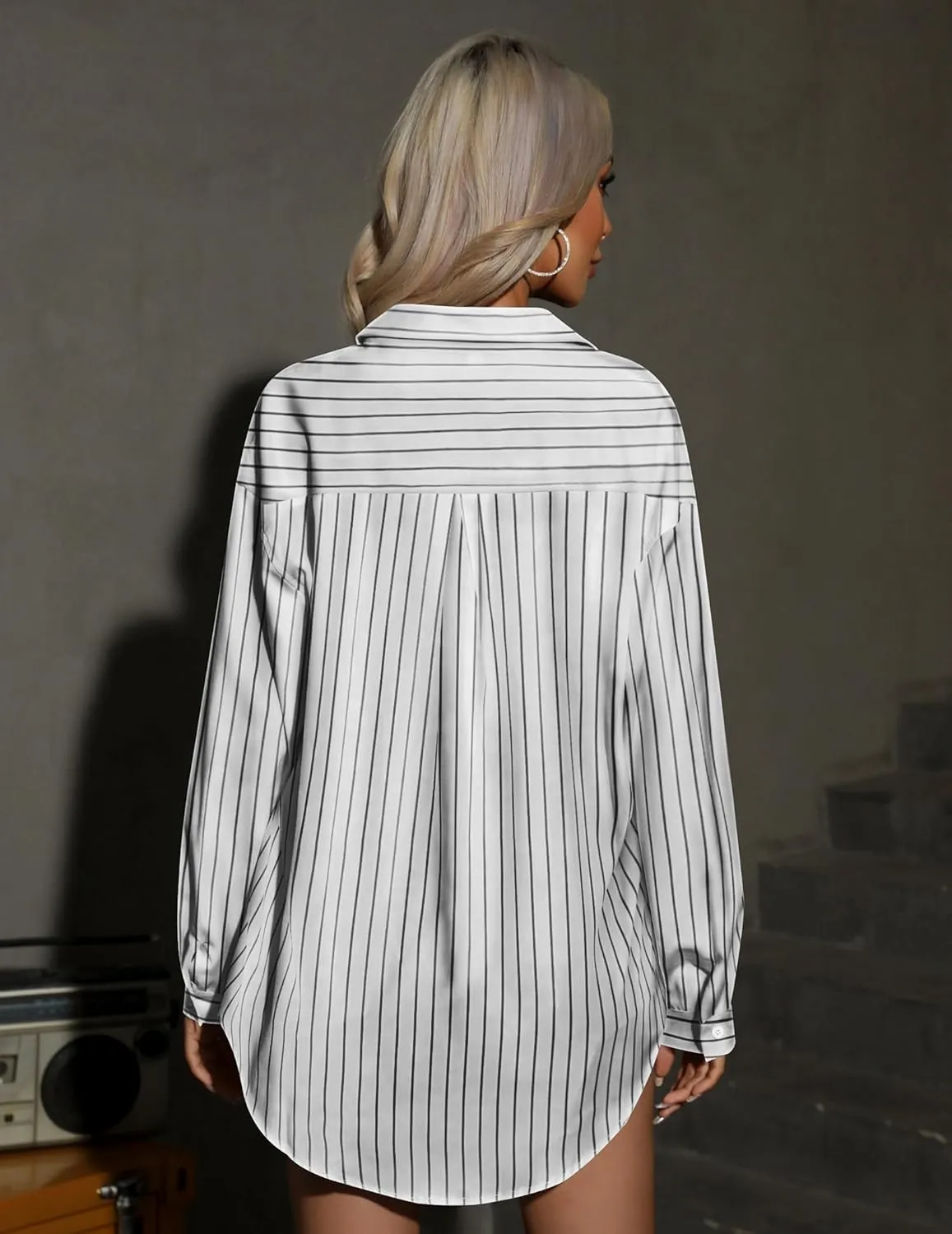 HOTOUCH Women Button Down Striped Shirts Drop Shoulder Blouse Long Sleeve Oversized Shirt with Pocket