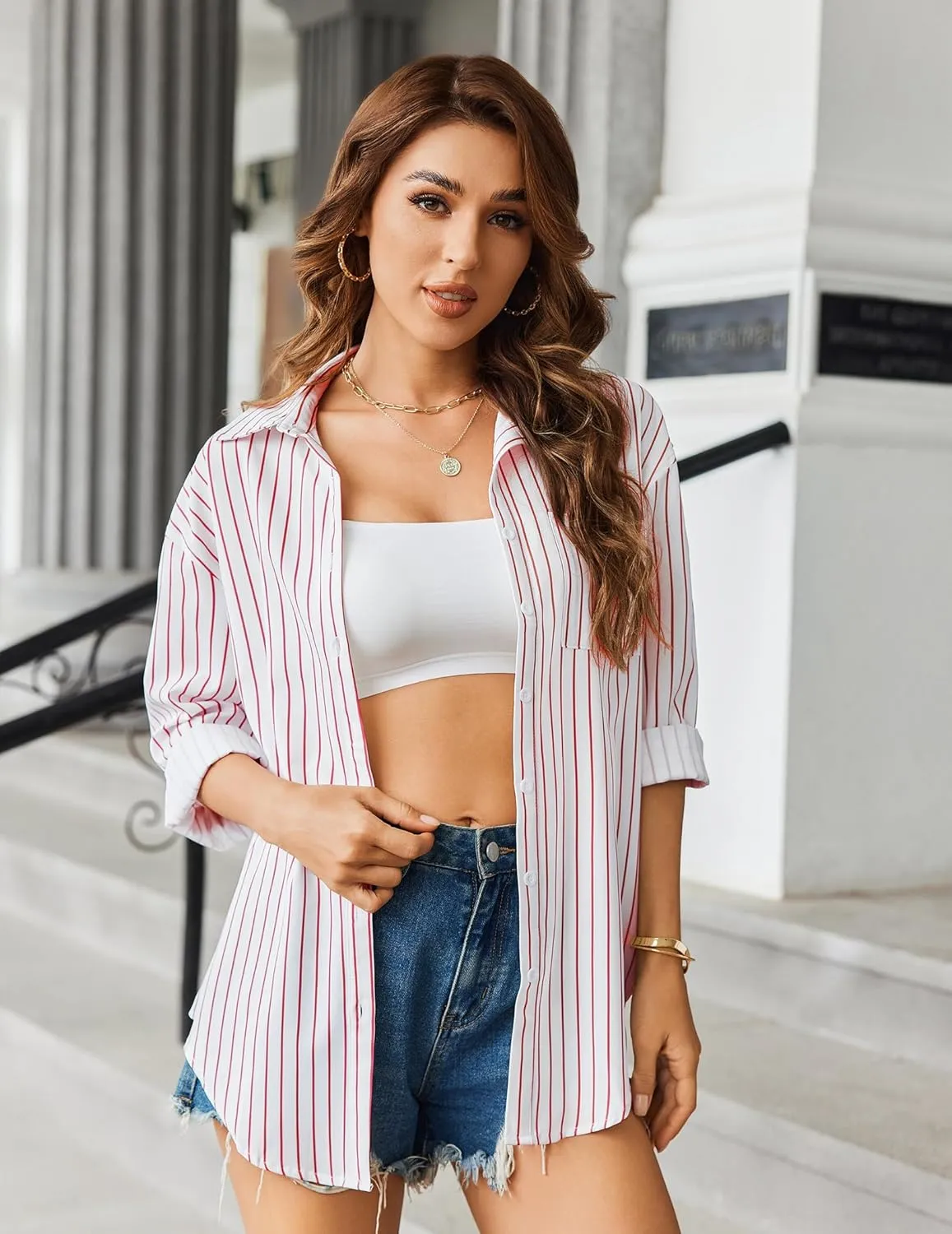 HOTOUCH Women Button Down Striped Shirts Drop Shoulder Blouse Long Sleeve Oversized Shirt with Pocket
