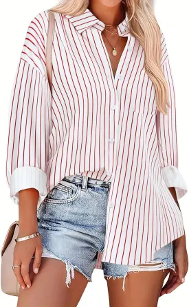 HOTOUCH Women Button Down Striped Shirts Drop Shoulder Blouse Long Sleeve Oversized Shirt with Pocket