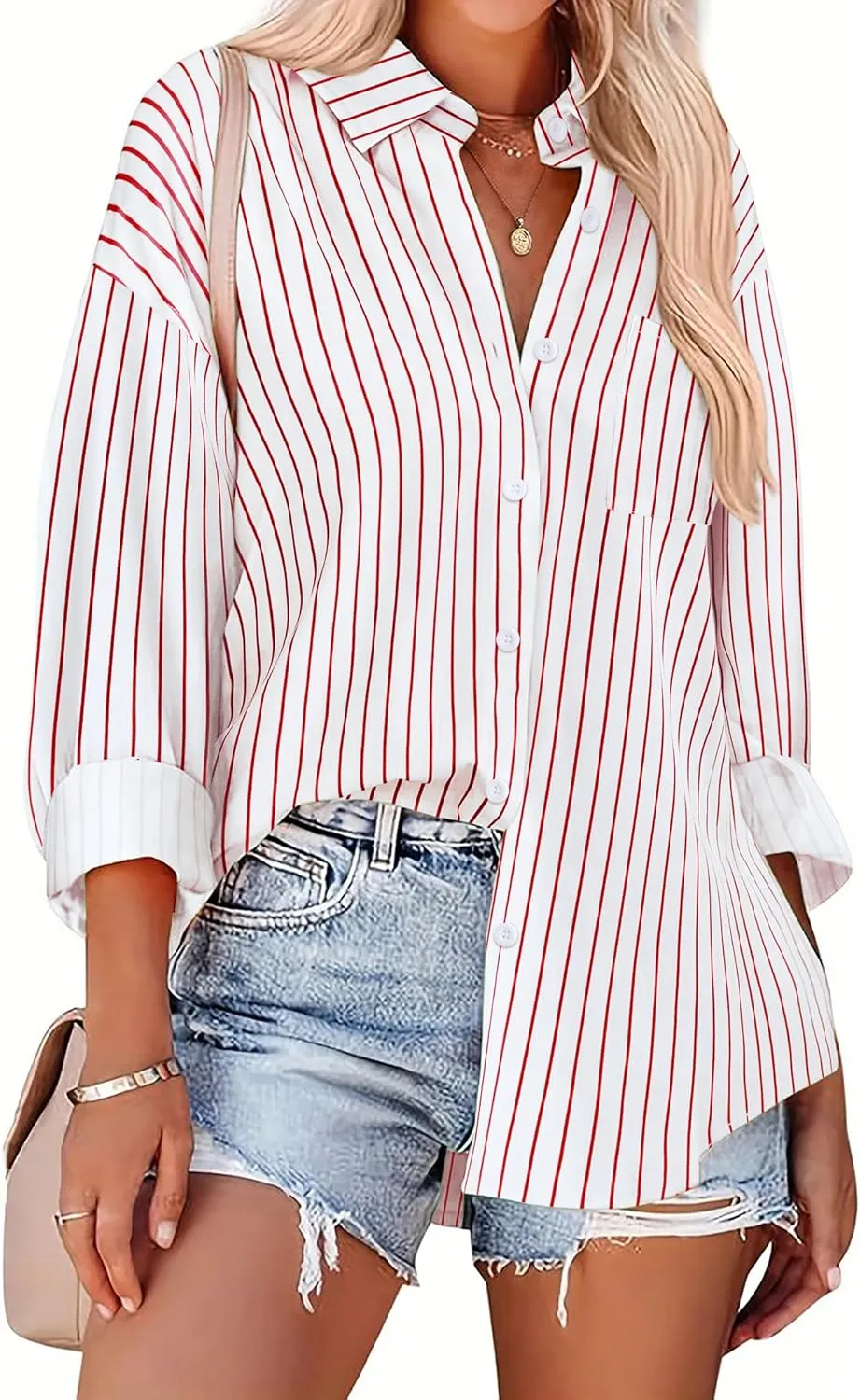HOTOUCH Women Button Down Striped Shirts Drop Shoulder Blouse Long Sleeve Oversized Shirt with Pocket