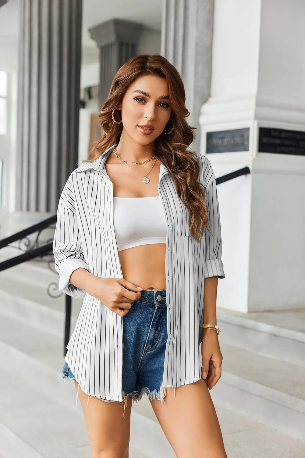 HOTOUCH Women Button Down Striped Shirts Drop Shoulder Blouse Long Sleeve Oversized Shirt with Pocket