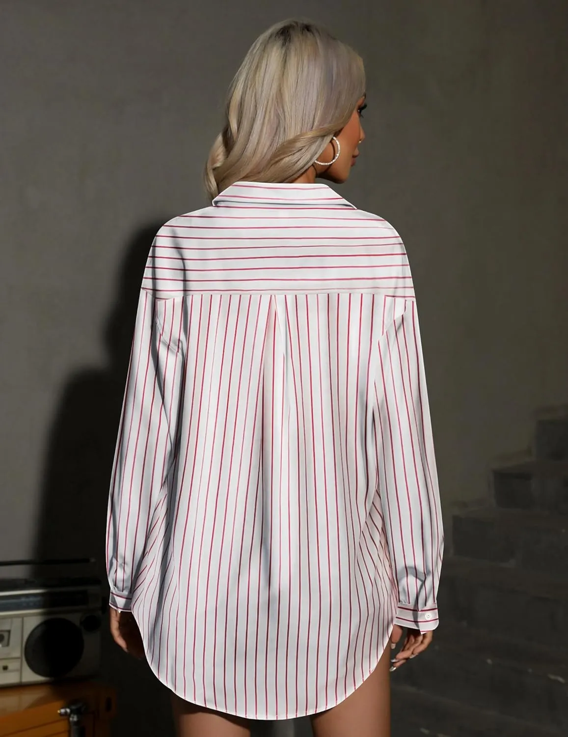 HOTOUCH Women Button Down Striped Shirts Drop Shoulder Blouse Long Sleeve Oversized Shirt with Pocket