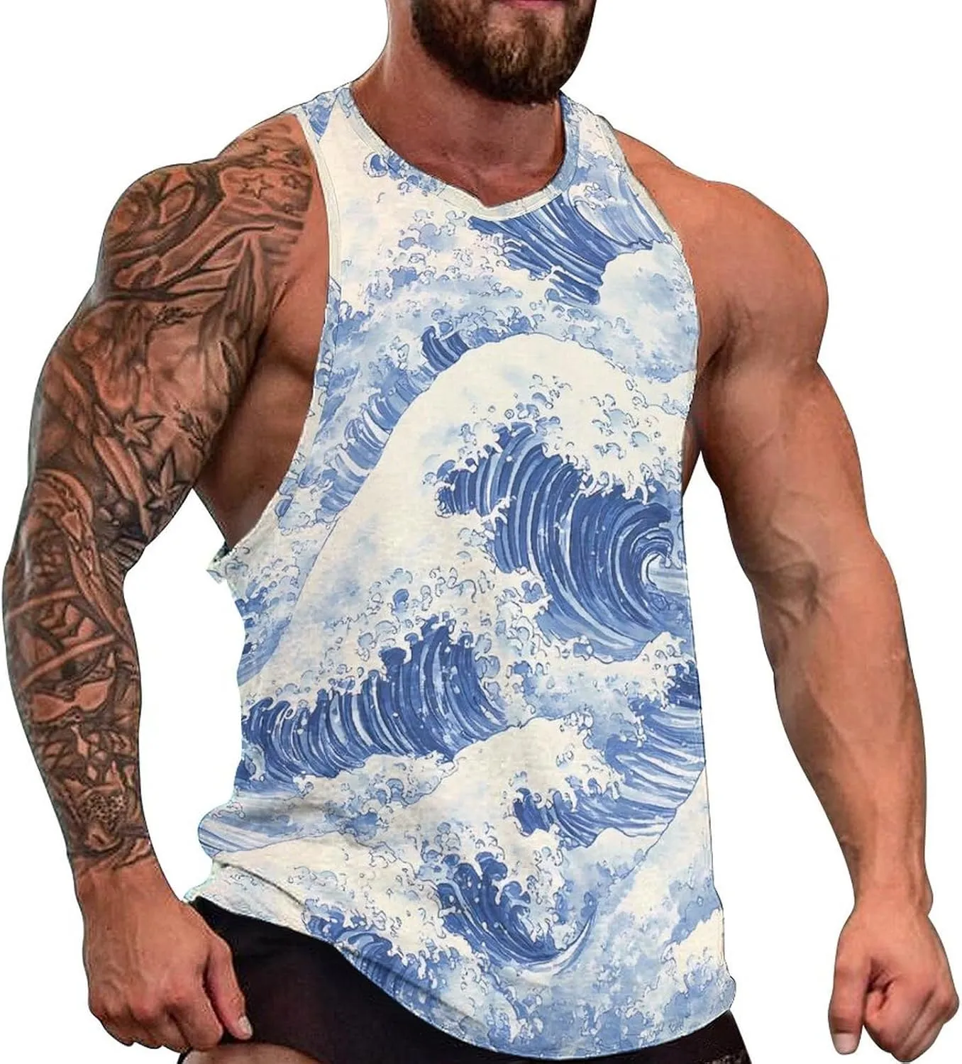 Japanese Ocean Waves Men's Tank Tops Vest Sleeveless Muscle T-Shirts Workout Gym Summer Beach