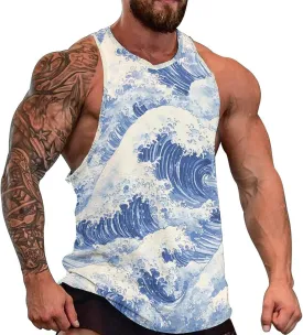 Japanese Ocean Waves Men's Tank Tops Vest Sleeveless Muscle T-Shirts Workout Gym Summer Beach