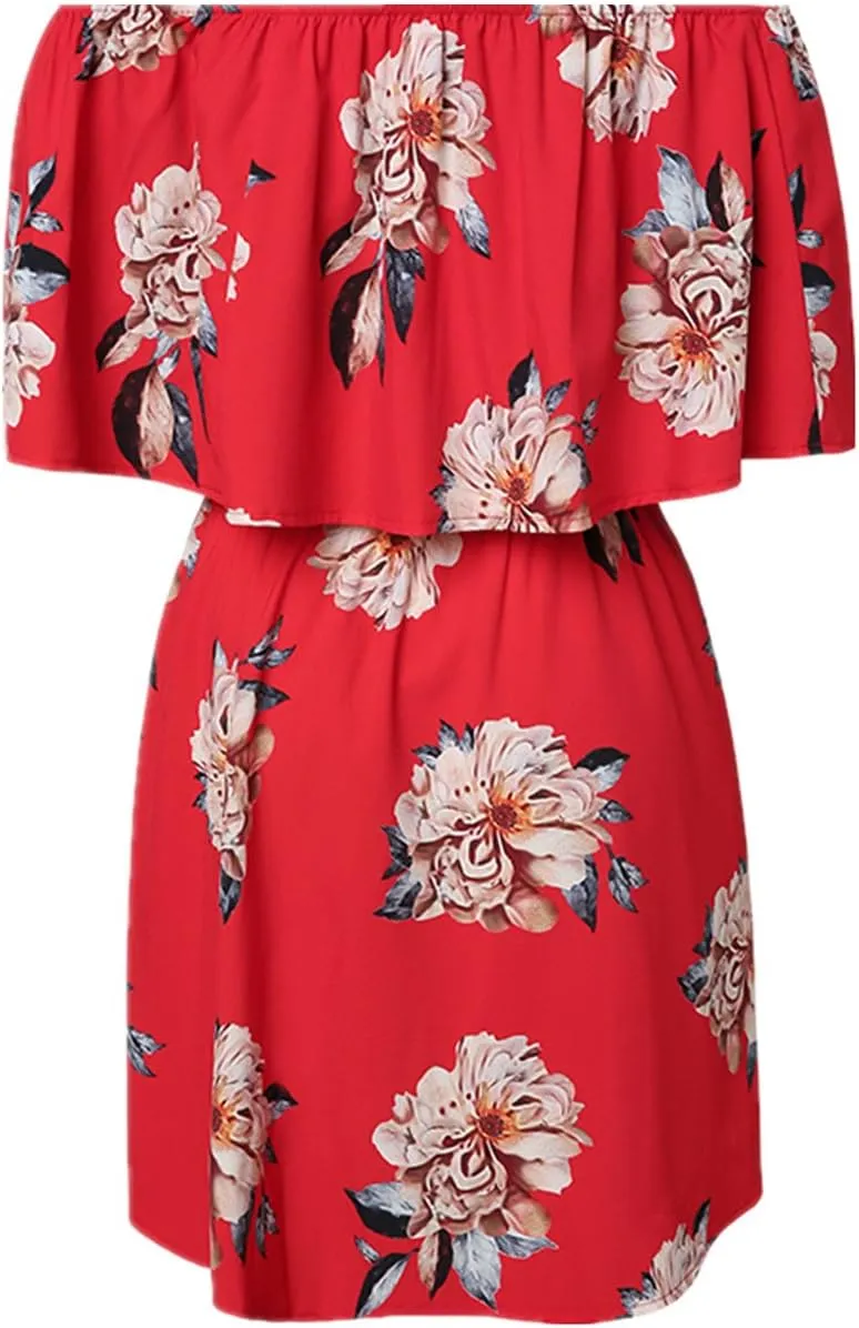 KBOOK Women's Off Shoulder Floral Print Cute Vacation Boho Short Sleeve Casual Mini Party Dress with Belt