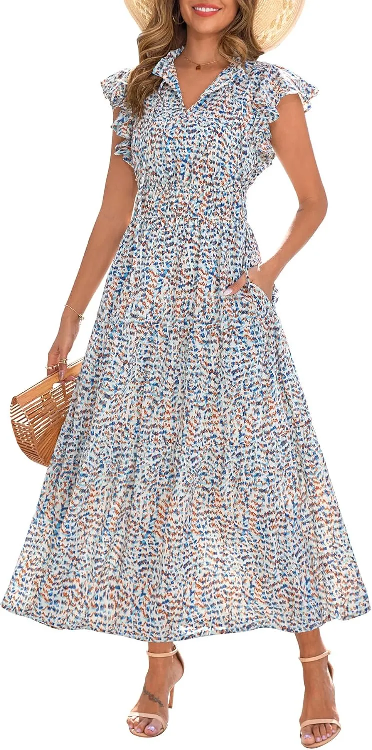 Kranda 2025 Women Summer Self-tie V Neck High Waist Ruffle Cap Sleeve Flowy Tiered Long Boho Floral Maxi Dress with Pockets
