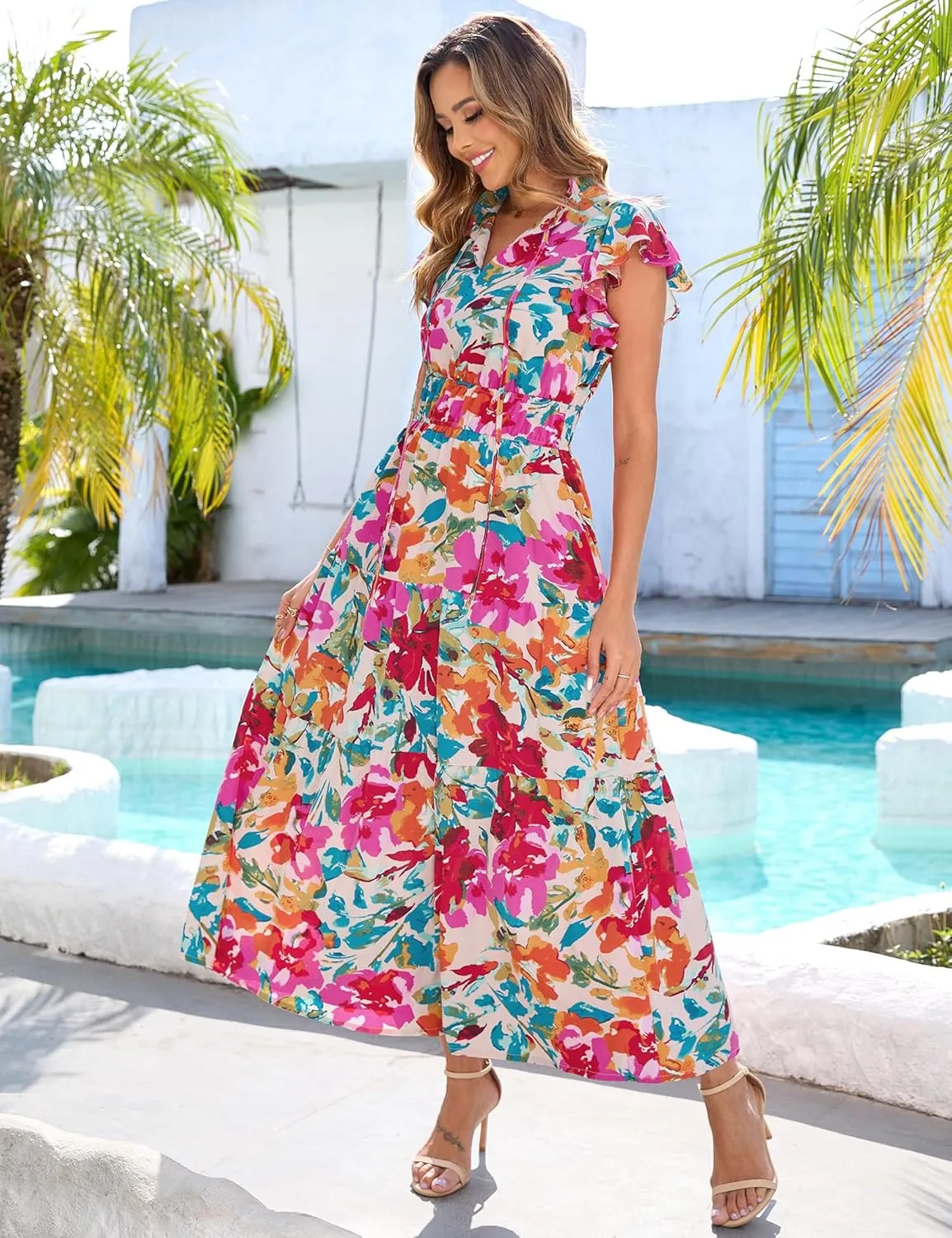 Kranda 2025 Women Summer Self-tie V Neck High Waist Ruffle Cap Sleeve Flowy Tiered Long Boho Floral Maxi Dress with Pockets