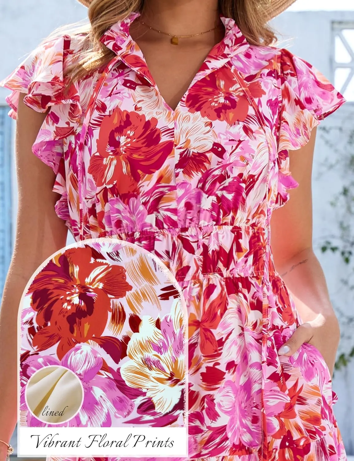 Kranda 2025 Women Summer Self-tie V Neck High Waist Ruffle Cap Sleeve Flowy Tiered Long Boho Floral Maxi Dress with Pockets