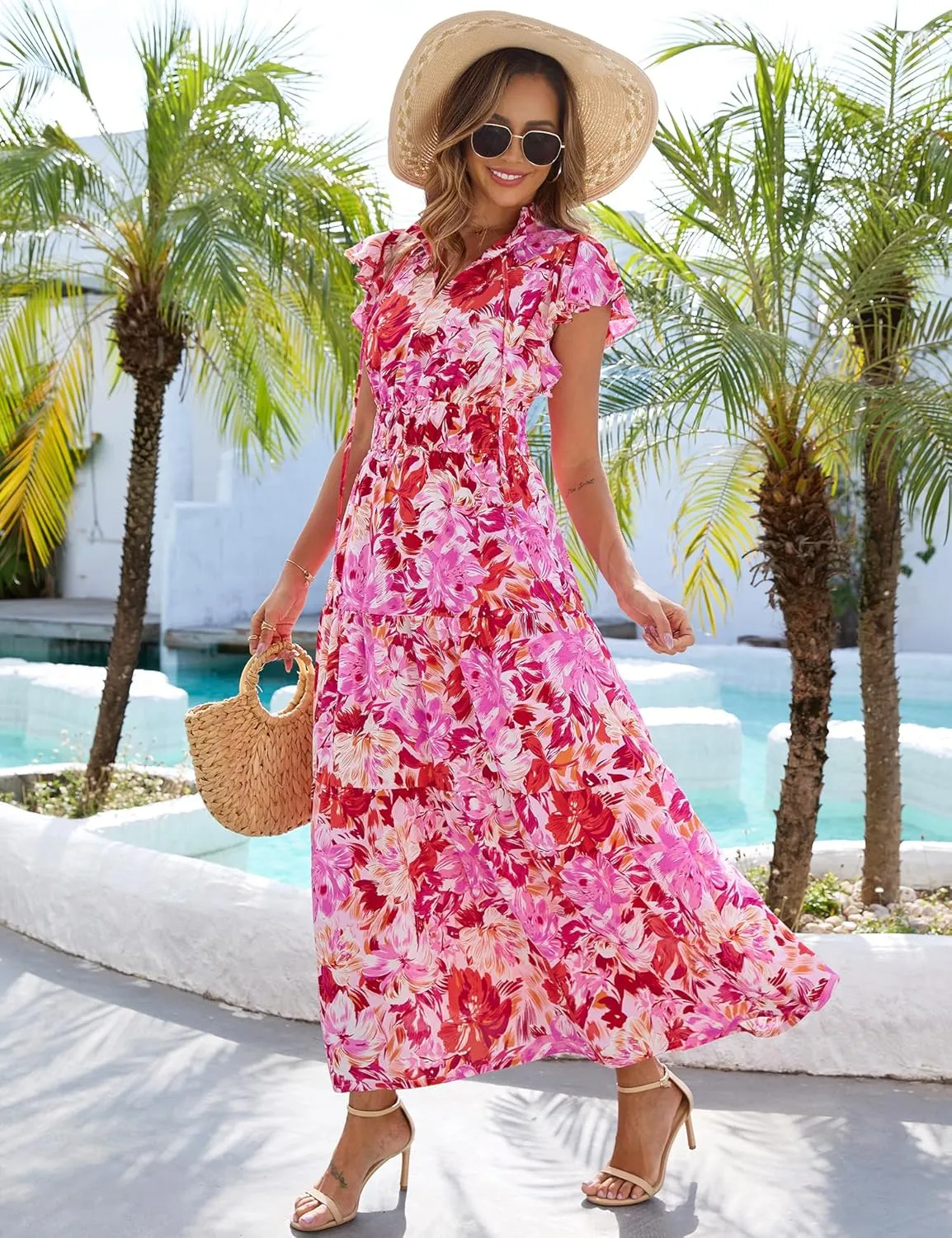Kranda 2025 Women Summer Self-tie V Neck High Waist Ruffle Cap Sleeve Flowy Tiered Long Boho Floral Maxi Dress with Pockets