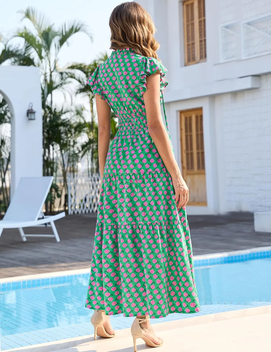 Kranda 2025 Women Summer Self-tie V Neck High Waist Ruffle Cap Sleeve Flowy Tiered Long Boho Floral Maxi Dress with Pockets