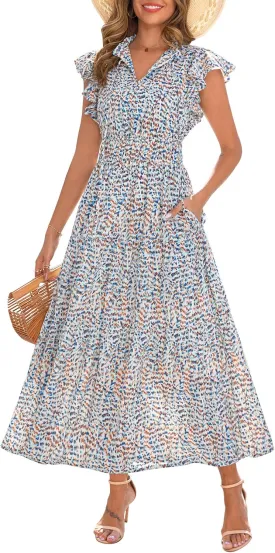 Kranda 2025 Women Summer Self-tie V Neck High Waist Ruffle Cap Sleeve Flowy Tiered Long Boho Floral Maxi Dress with Pockets
