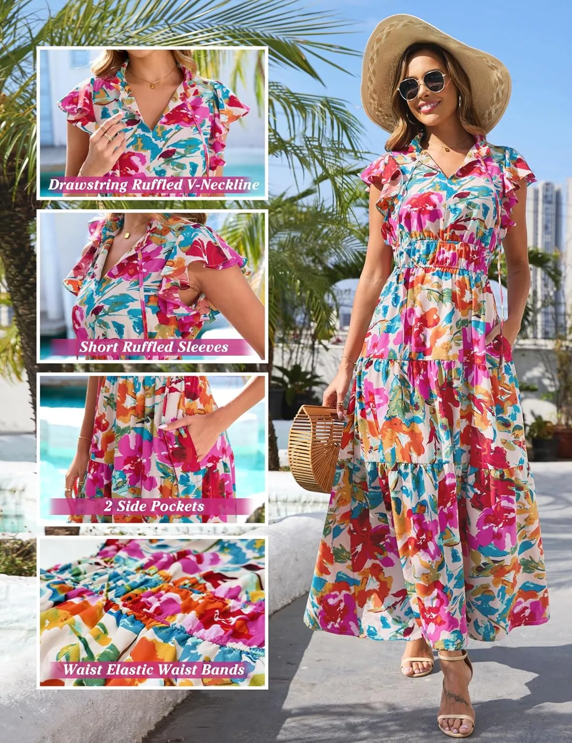 Kranda 2025 Women Summer Self-tie V Neck High Waist Ruffle Cap Sleeve Flowy Tiered Long Boho Floral Maxi Dress with Pockets