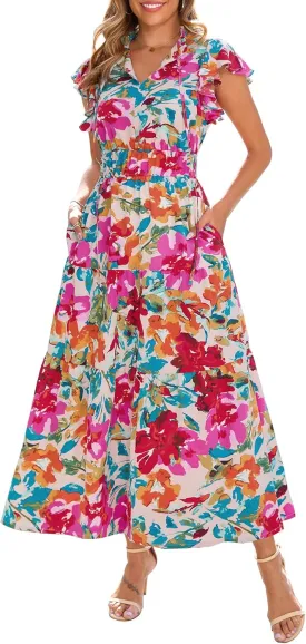 Kranda 2025 Women Summer Self-tie V Neck High Waist Ruffle Cap Sleeve Flowy Tiered Long Boho Floral Maxi Dress with Pockets