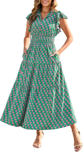 Kranda 2025 Women Summer Self-tie V Neck High Waist Ruffle Cap Sleeve Flowy Tiered Long Boho Floral Maxi Dress with Pockets