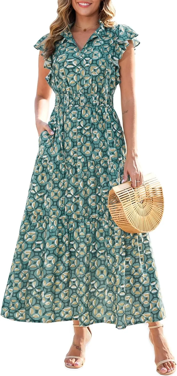 Kranda 2025 Women Summer Self-tie V Neck High Waist Ruffle Cap Sleeve Flowy Tiered Long Boho Floral Maxi Dress with Pockets