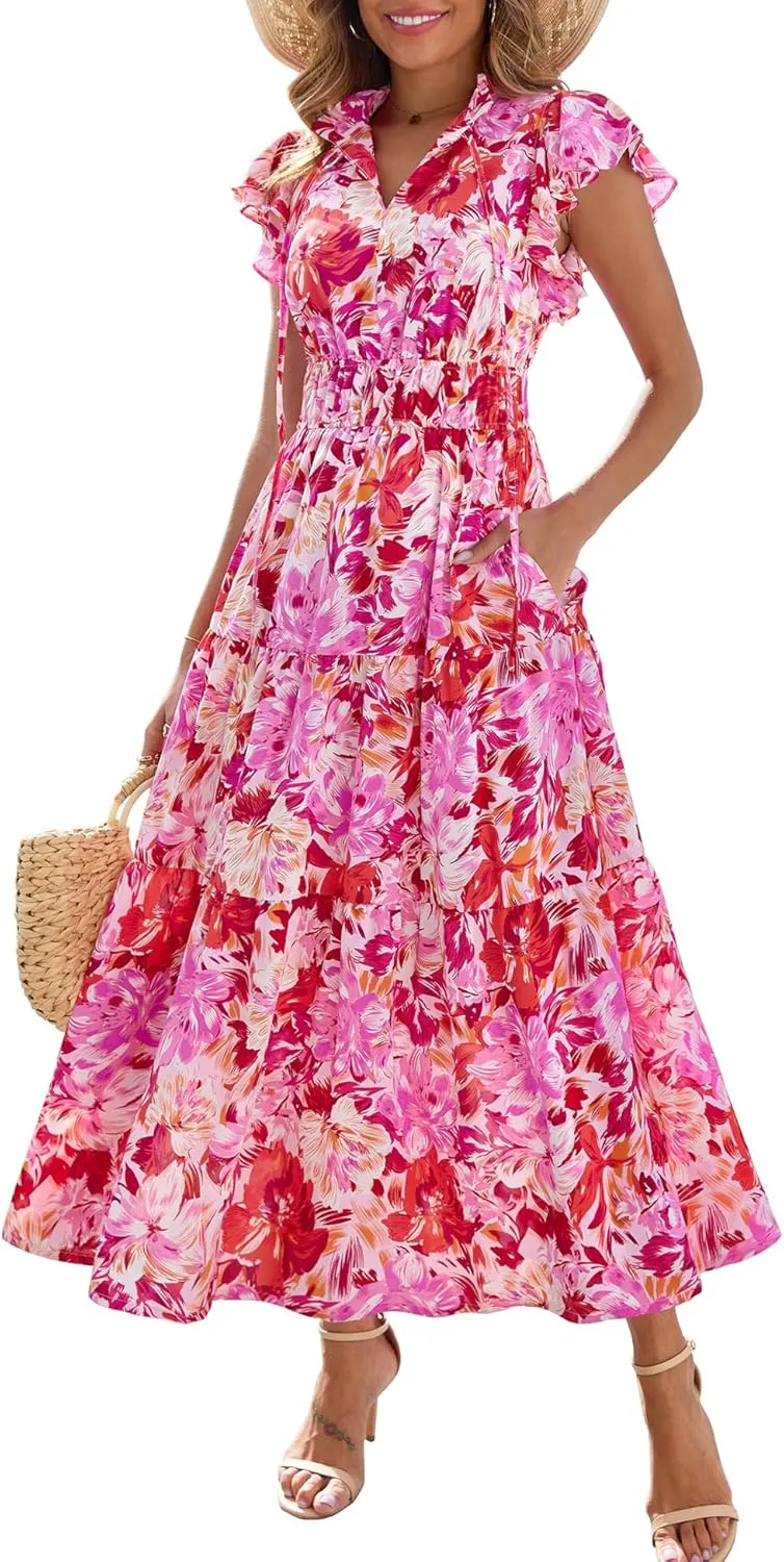 Kranda 2025 Women Summer Self-tie V Neck High Waist Ruffle Cap Sleeve Flowy Tiered Long Boho Floral Maxi Dress with Pockets