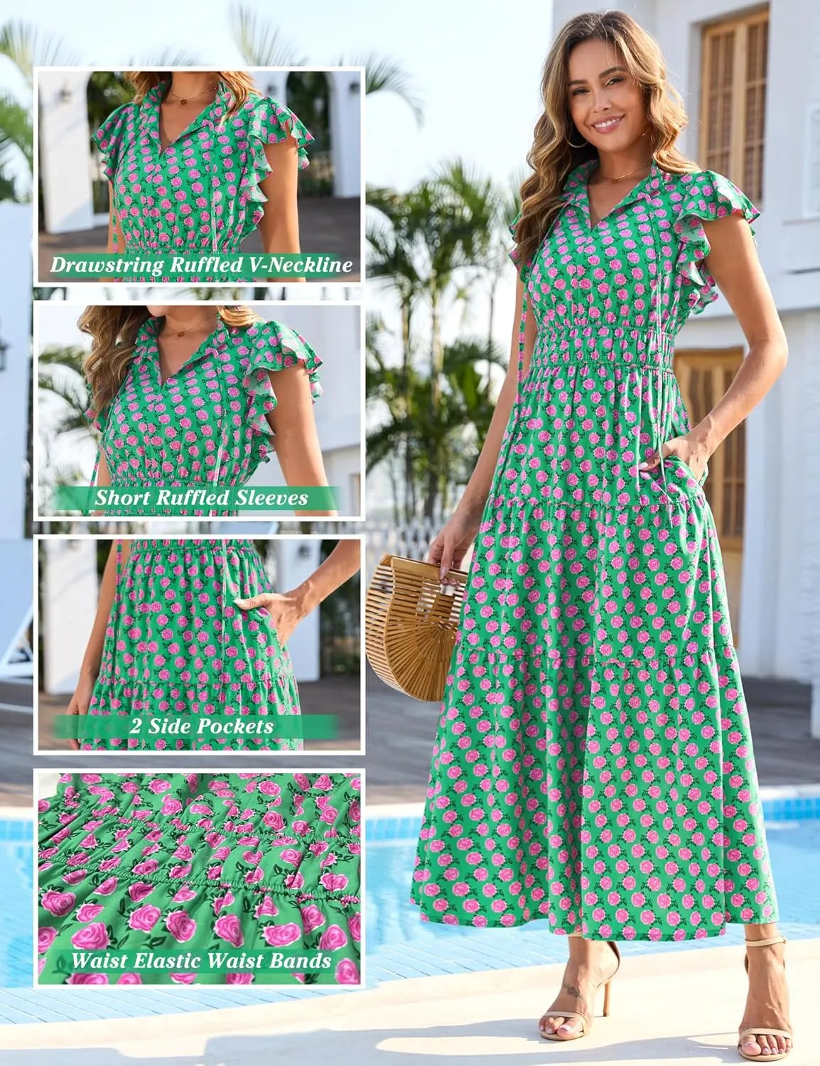 Kranda 2025 Women Summer Self-tie V Neck High Waist Ruffle Cap Sleeve Flowy Tiered Long Boho Floral Maxi Dress with Pockets