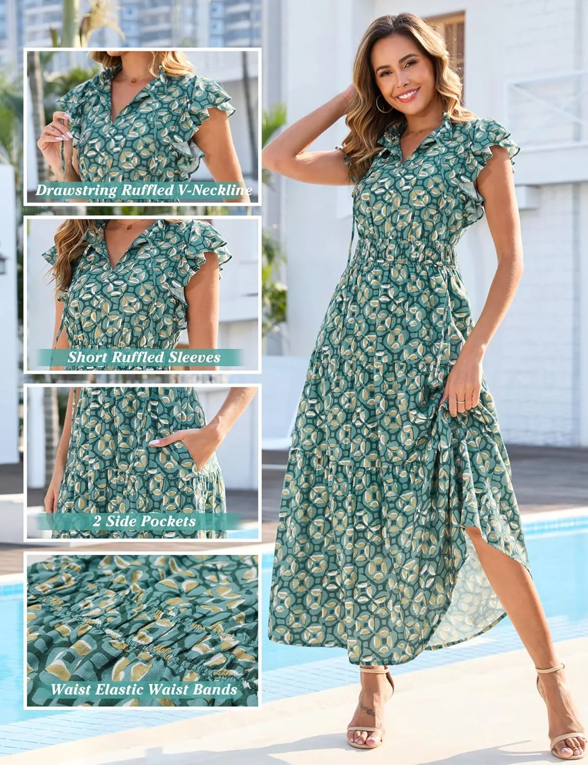 Kranda 2025 Women Summer Self-tie V Neck High Waist Ruffle Cap Sleeve Flowy Tiered Long Boho Floral Maxi Dress with Pockets