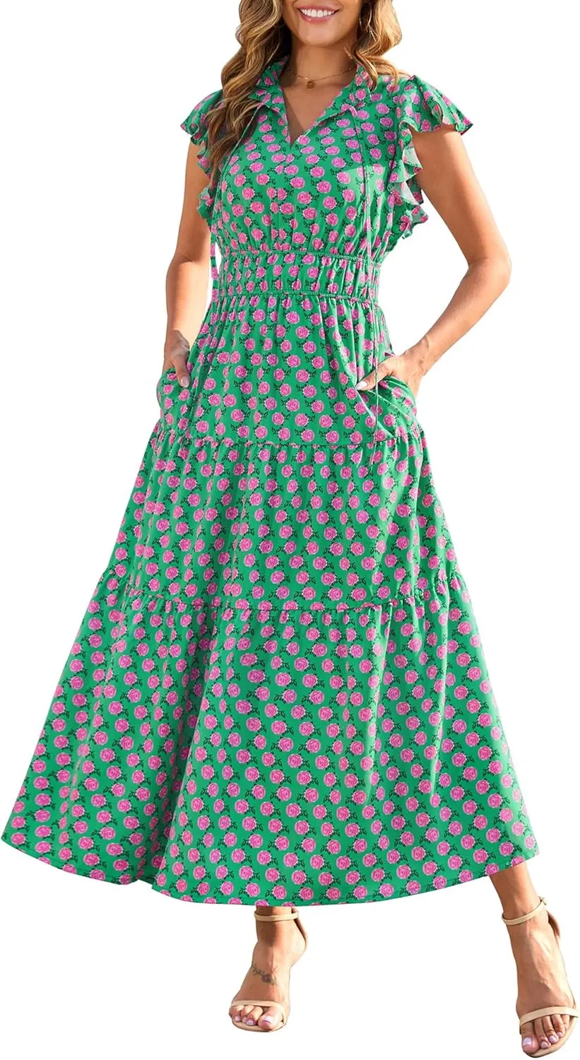 Kranda 2025 Women Summer Self-tie V Neck High Waist Ruffle Cap Sleeve Flowy Tiered Long Boho Floral Maxi Dress with Pockets