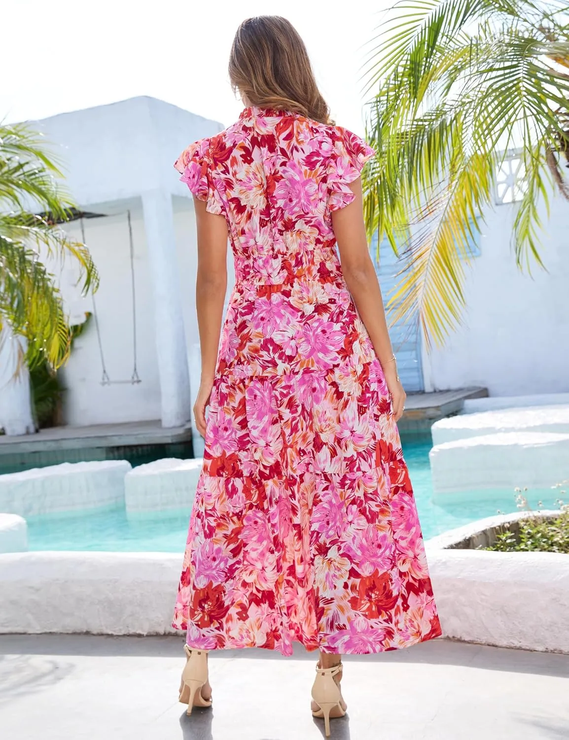 Kranda 2025 Women Summer Self-tie V Neck High Waist Ruffle Cap Sleeve Flowy Tiered Long Boho Floral Maxi Dress with Pockets