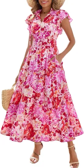 Kranda 2025 Women Summer Self-tie V Neck High Waist Ruffle Cap Sleeve Flowy Tiered Long Boho Floral Maxi Dress with Pockets