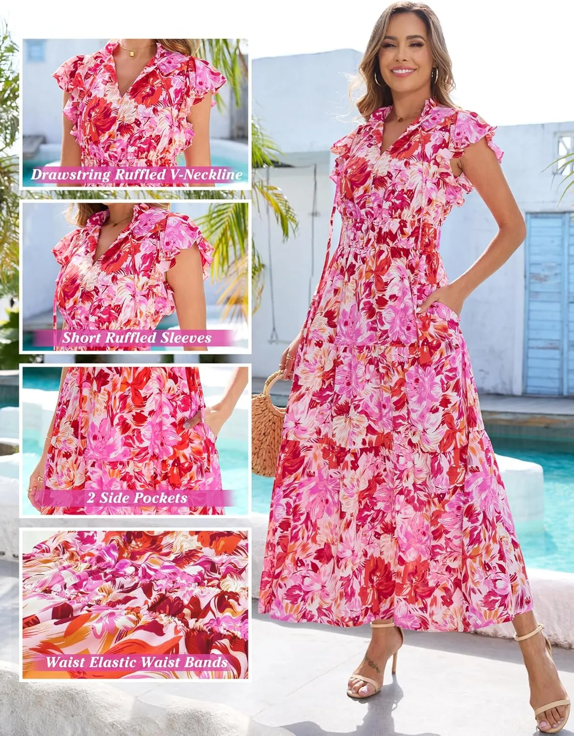Kranda 2025 Women Summer Self-tie V Neck High Waist Ruffle Cap Sleeve Flowy Tiered Long Boho Floral Maxi Dress with Pockets
