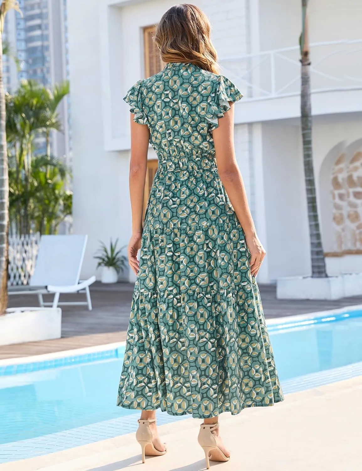 Kranda 2025 Women Summer Self-tie V Neck High Waist Ruffle Cap Sleeve Flowy Tiered Long Boho Floral Maxi Dress with Pockets
