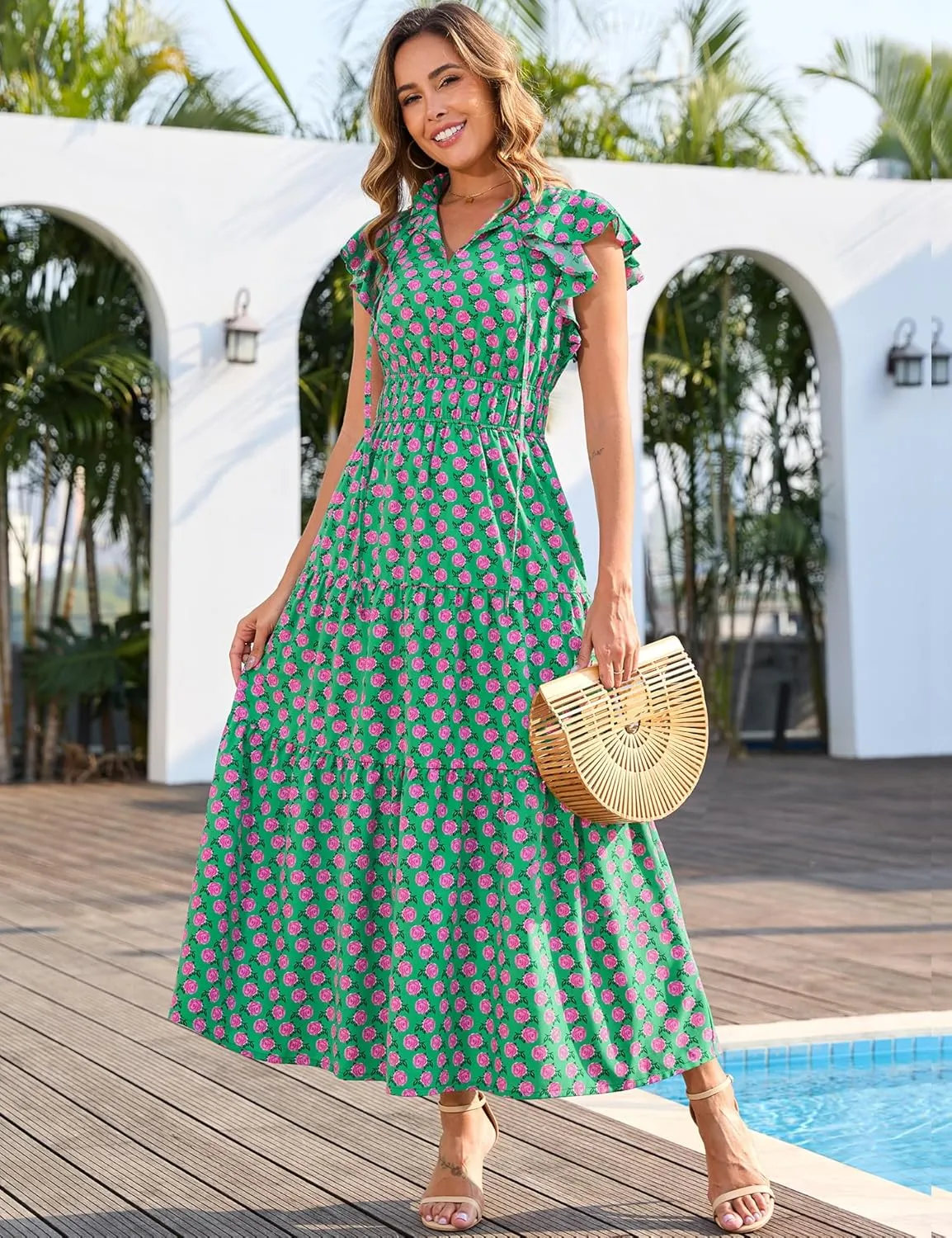 Kranda 2025 Women Summer Self-tie V Neck High Waist Ruffle Cap Sleeve Flowy Tiered Long Boho Floral Maxi Dress with Pockets